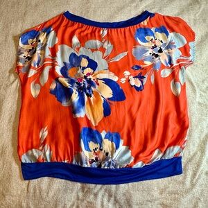 e.Luna Floral Off Shoulder Blouse 3X Red Blue Jersey Top Made in USA